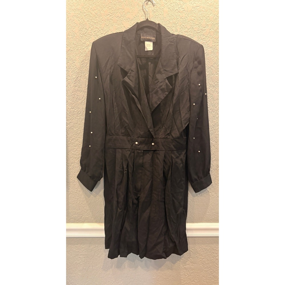 David Benjamin Vintage Black Pearl Embellished Sheer Sleeve Romper Jumpsuit 80s